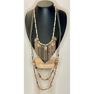 Vintage Tribal Shell Feather Charms Chains Layered Statement Necklace Boho Bib